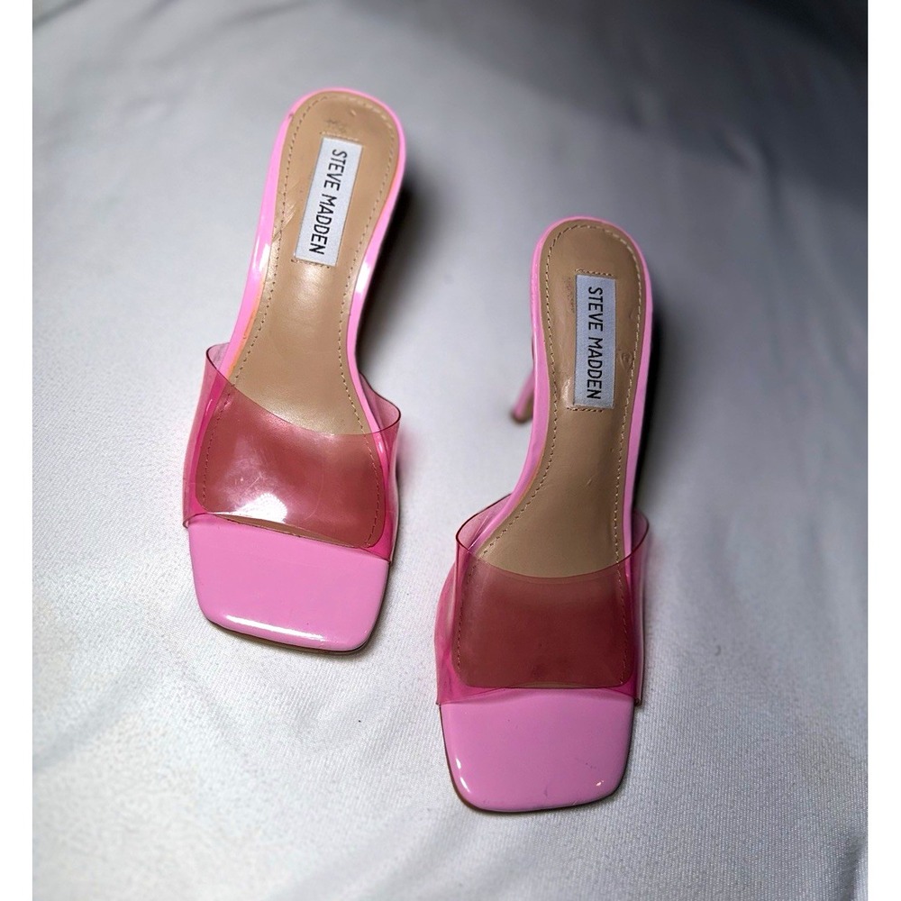 Steve Madden Women's Pink Square Toe Mule Clear Strap Stiletto Slip On 6.5